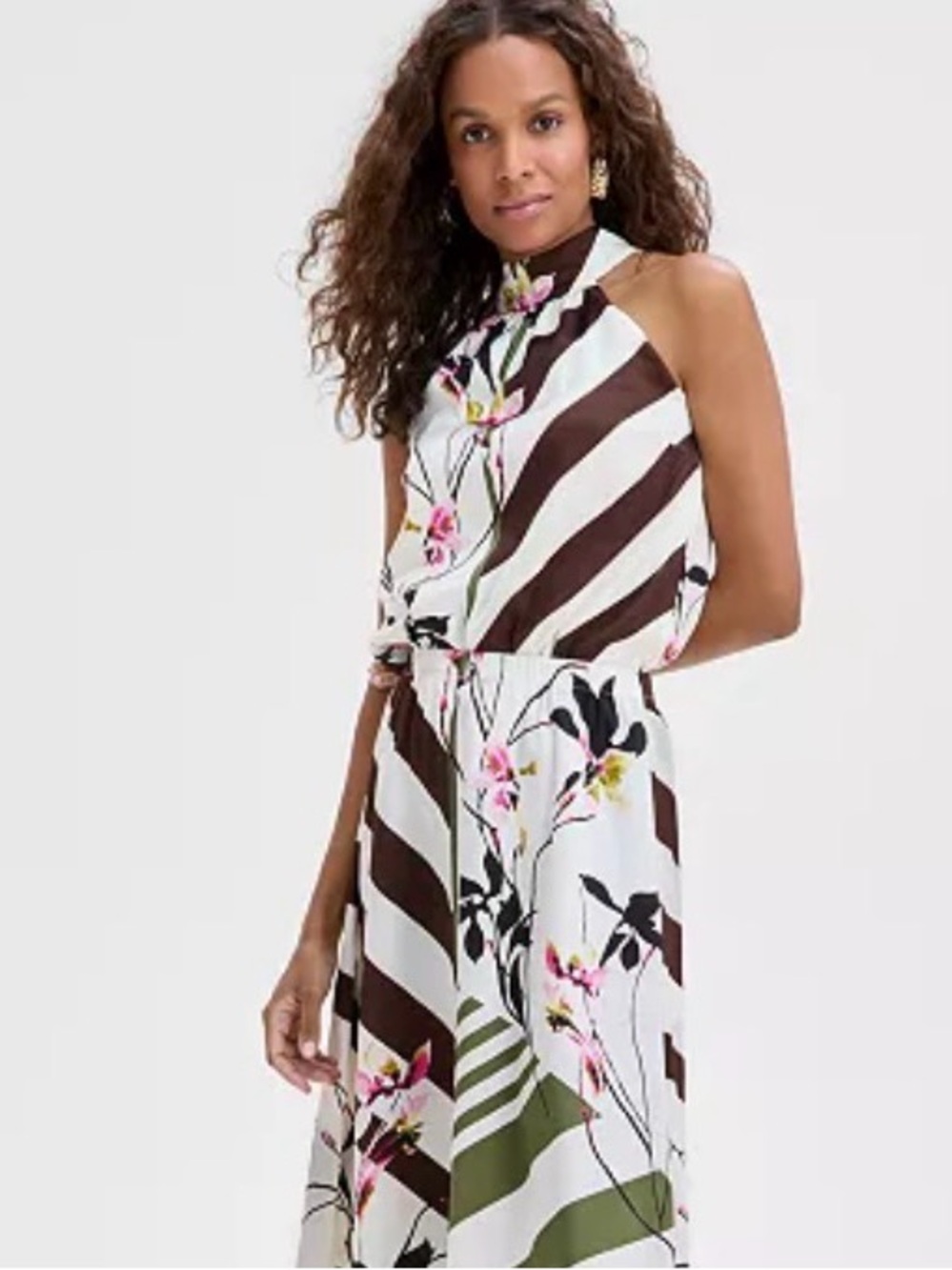 INC International Concepts Brown and Cream Striped Floral Halter Blouse Medium